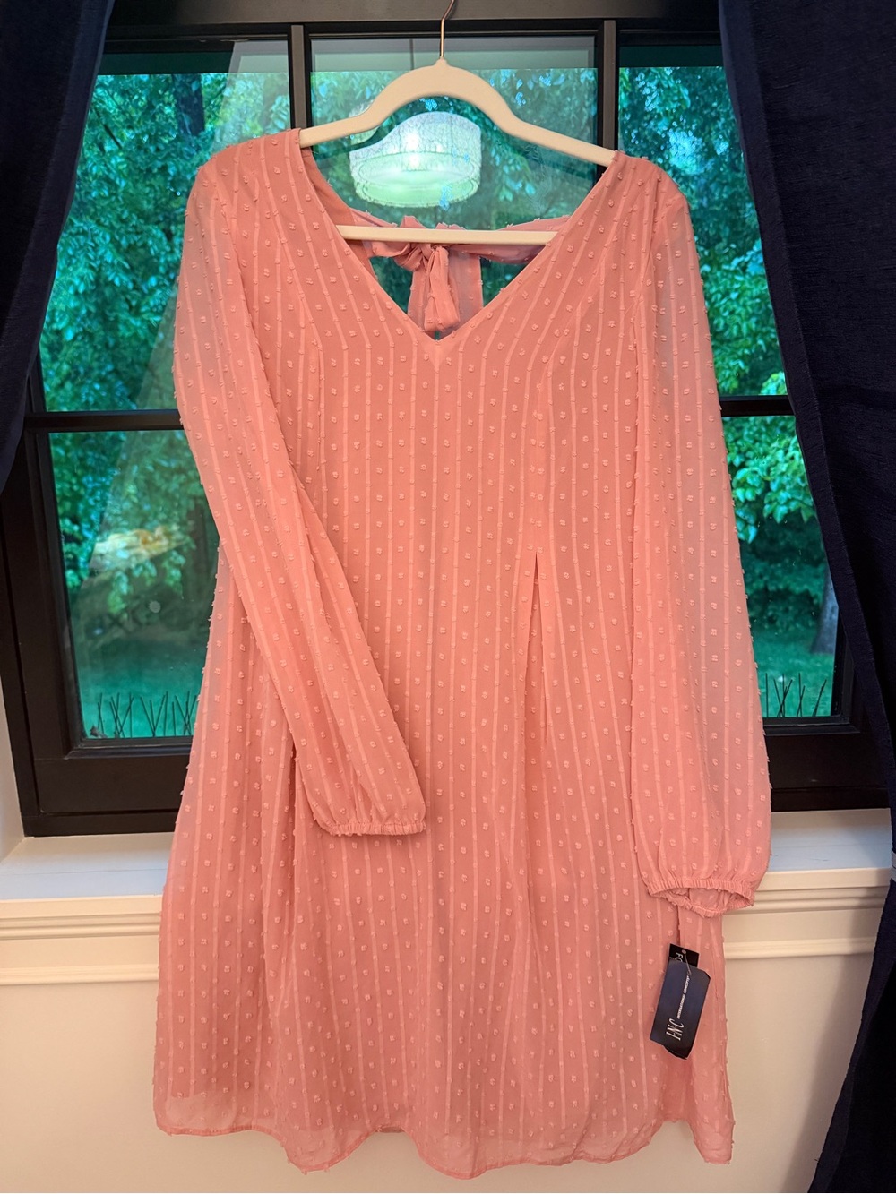 INC International Concepts Pink Long-Sleeve Textured Tie-Back Shift Dress.